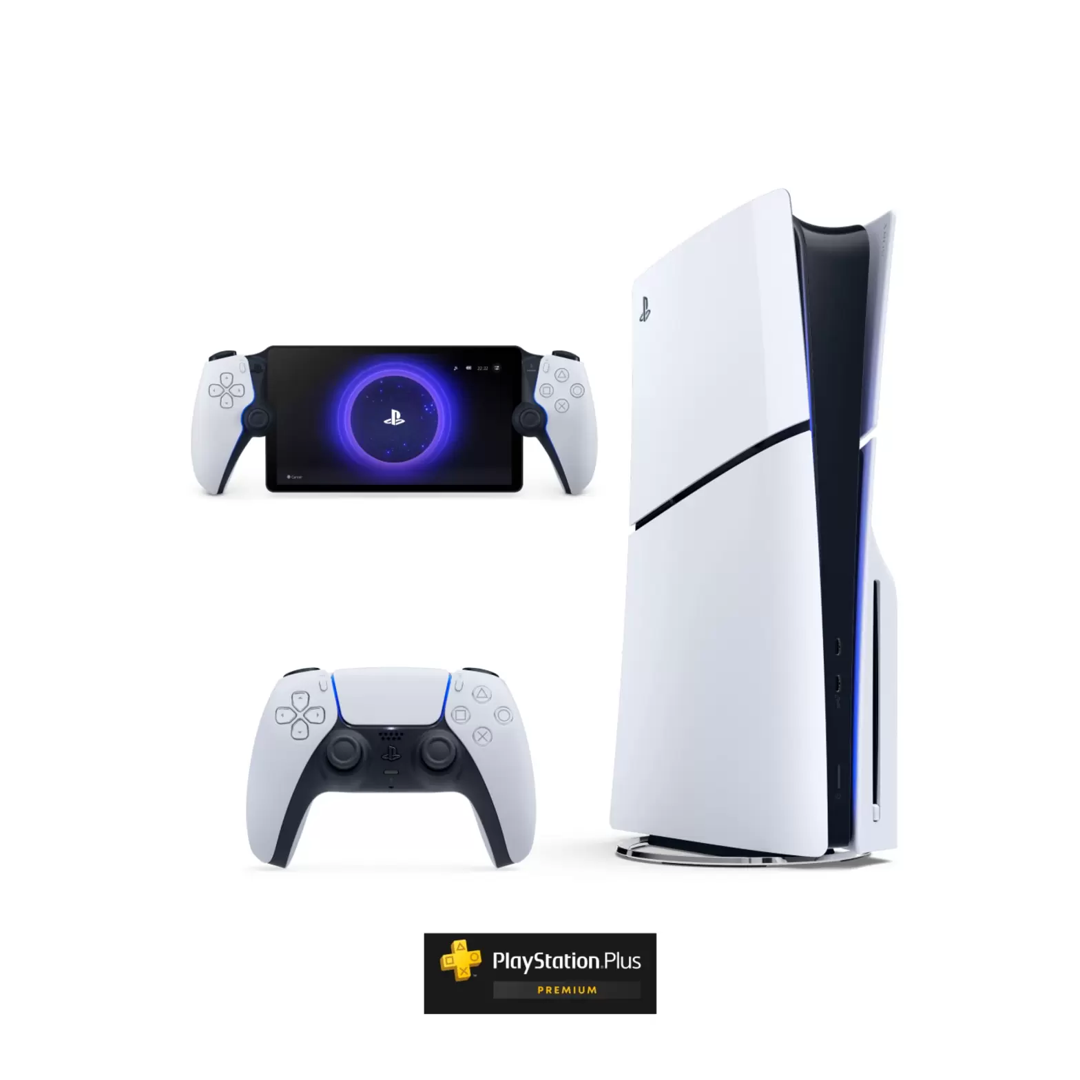 An image depicting PlayStation 5 Slim Disc with PS Plus Premium
